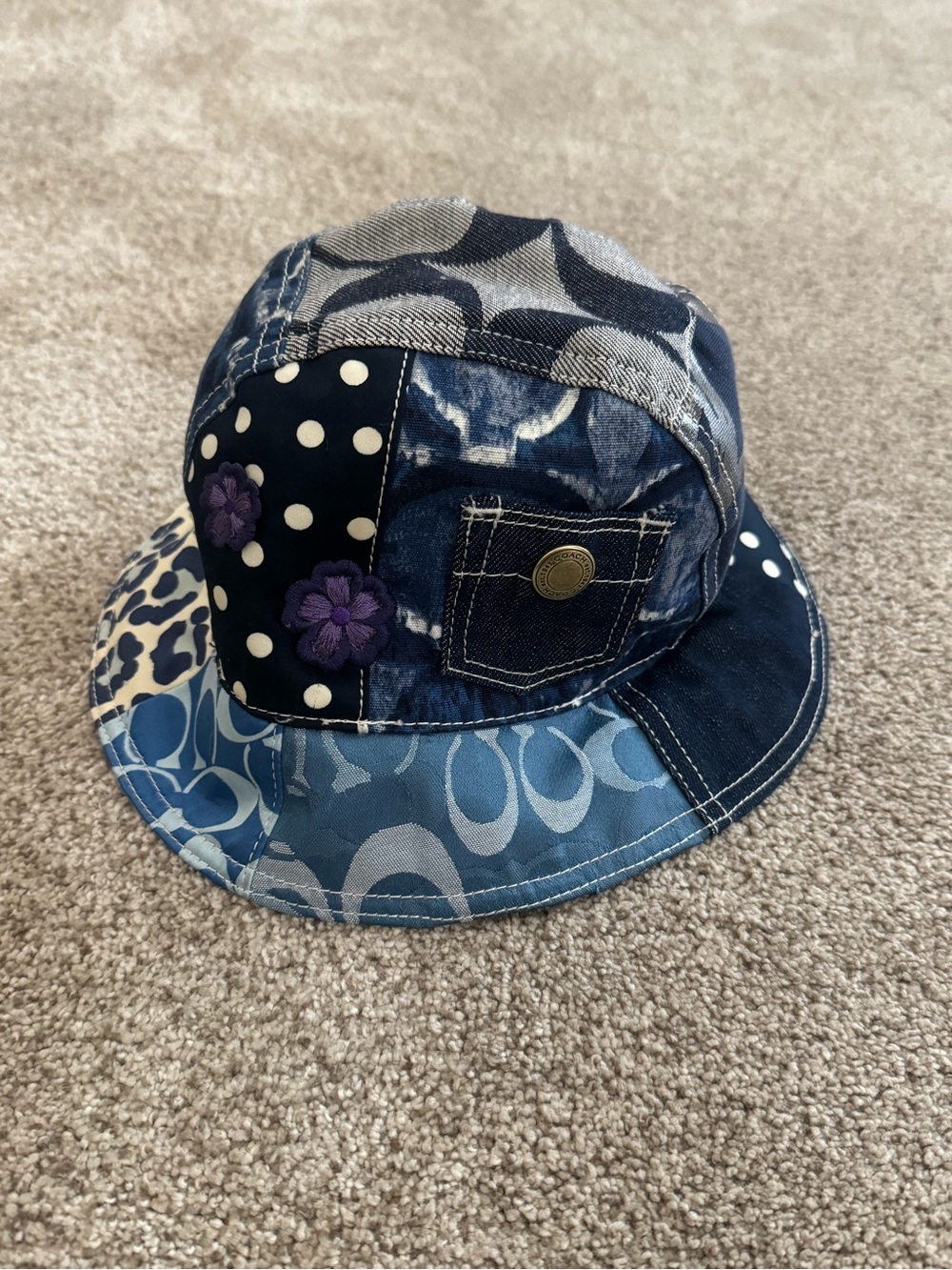 Coach Patchwork Denim Bucket Hat in Blue with Purple Accents